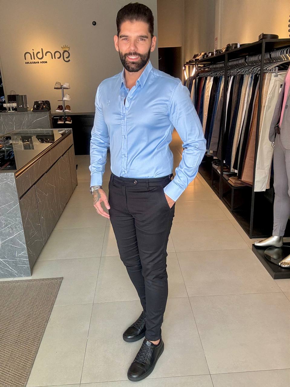 Garbin Group Store - Camisa M/L Acetinada Social  Zip-Off Preto