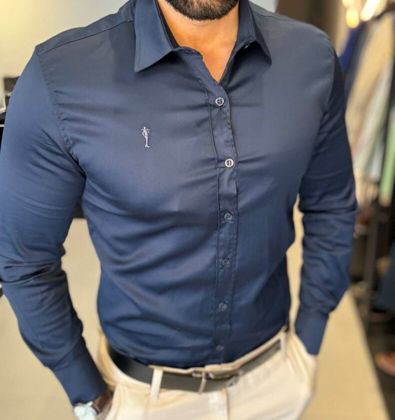 Garbin Group Store - Camisa M/L Acetinada Social  Zip-Off - Dark Blue