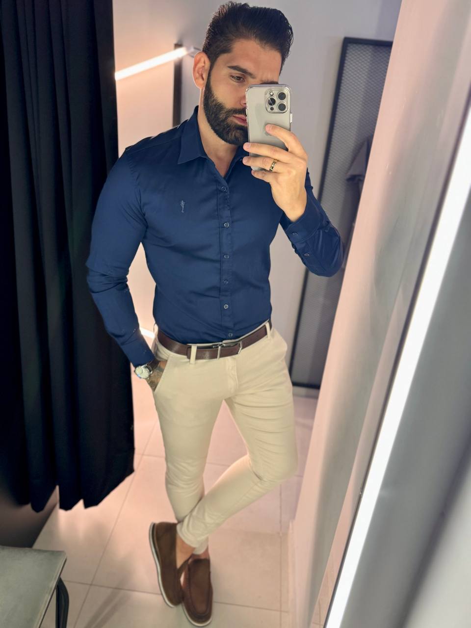 Garbin Group Store - Camisa M/L Acetinada Social  Zip-Off - Dark Blue