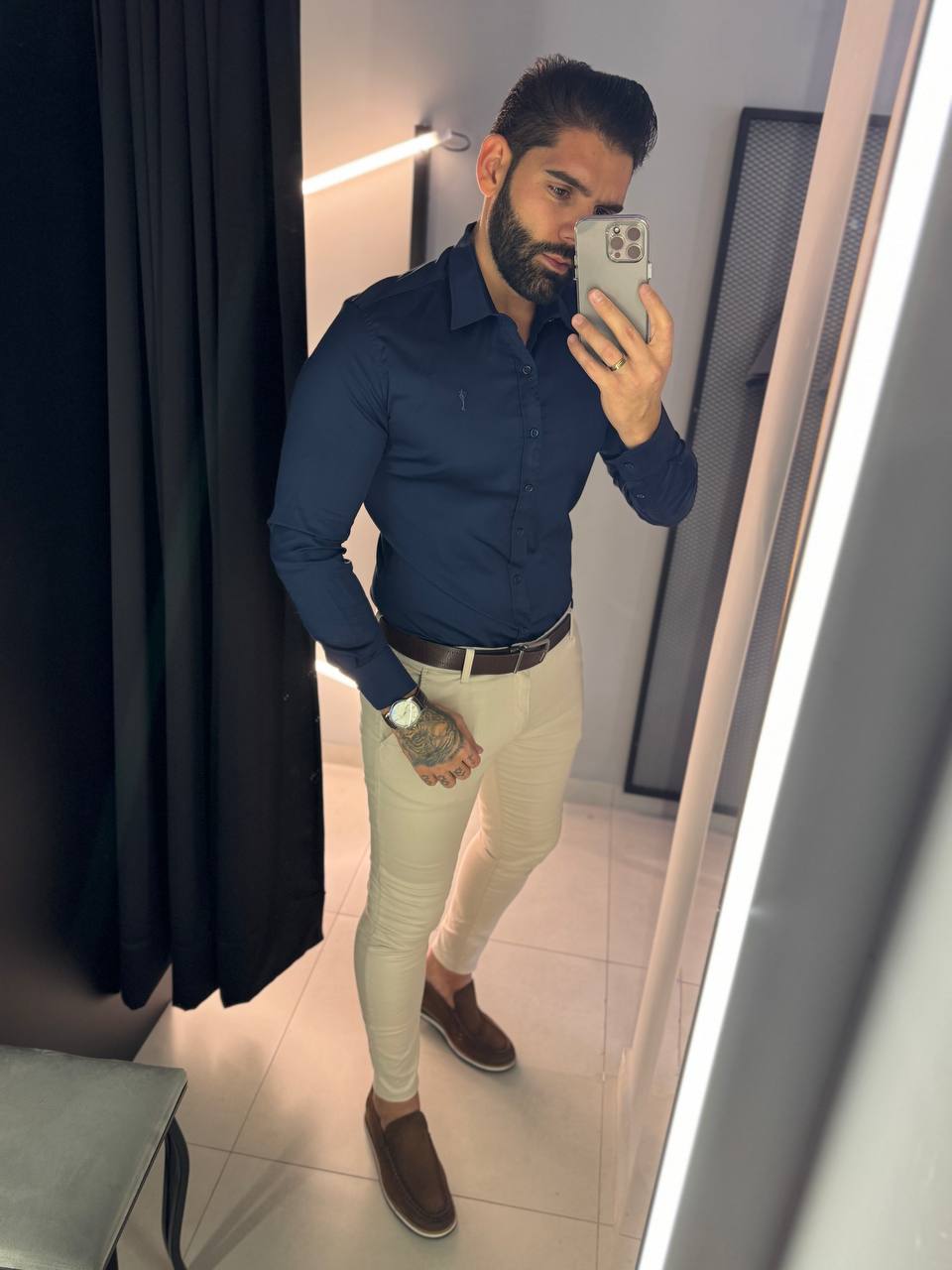 Garbin Group Store - Camisa M/L Acetinada Social  Zip-Off - Dark Blue