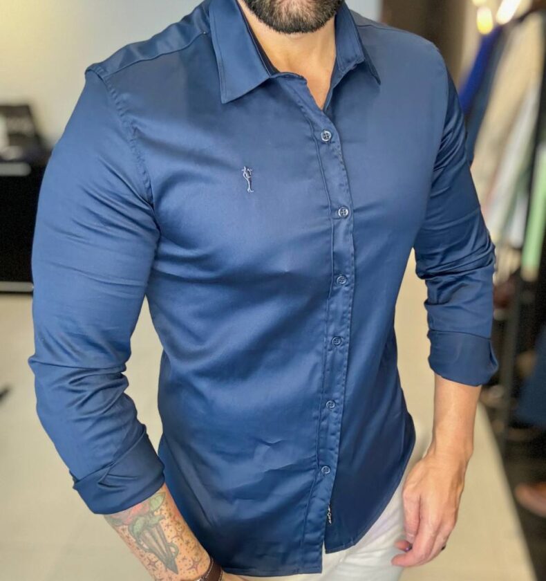 Garbin Group Store - Camisa M/L Acetinada Social  Zip-Off - Dark Blue