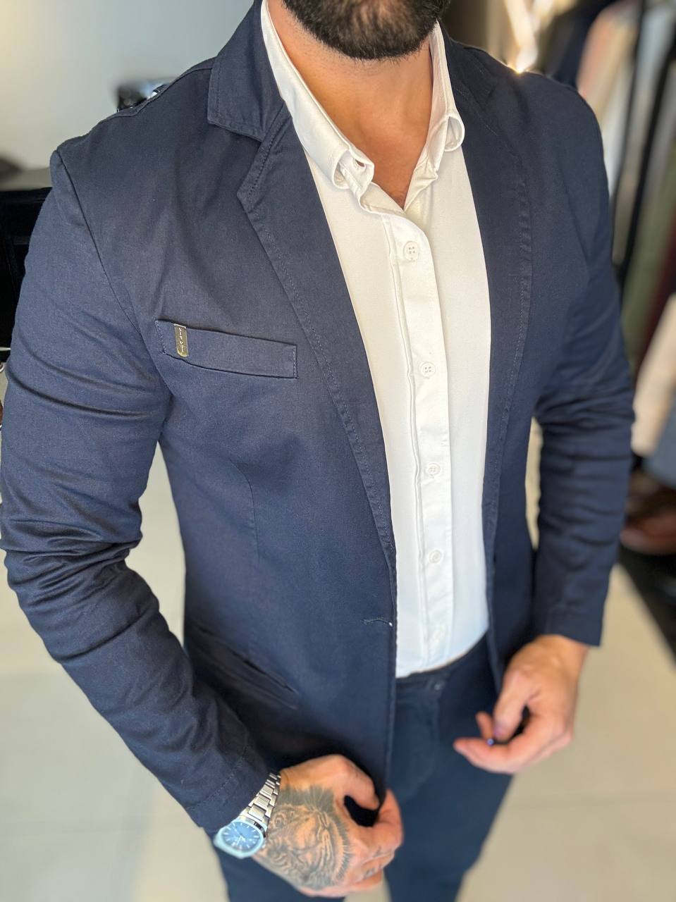 Garbin Group Store - Blazer Sarja Acetinado Bolso Embutido Zip-Off - Marinho