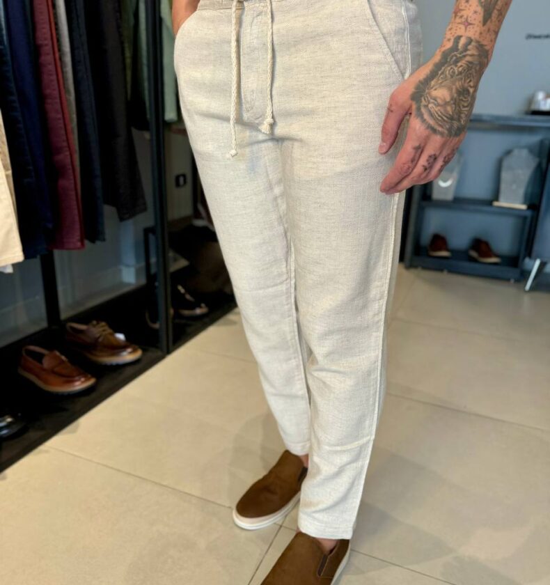 Garbin Group Store - Calça Alf. Linho Com Cordão -  Zip-Off -  Areia