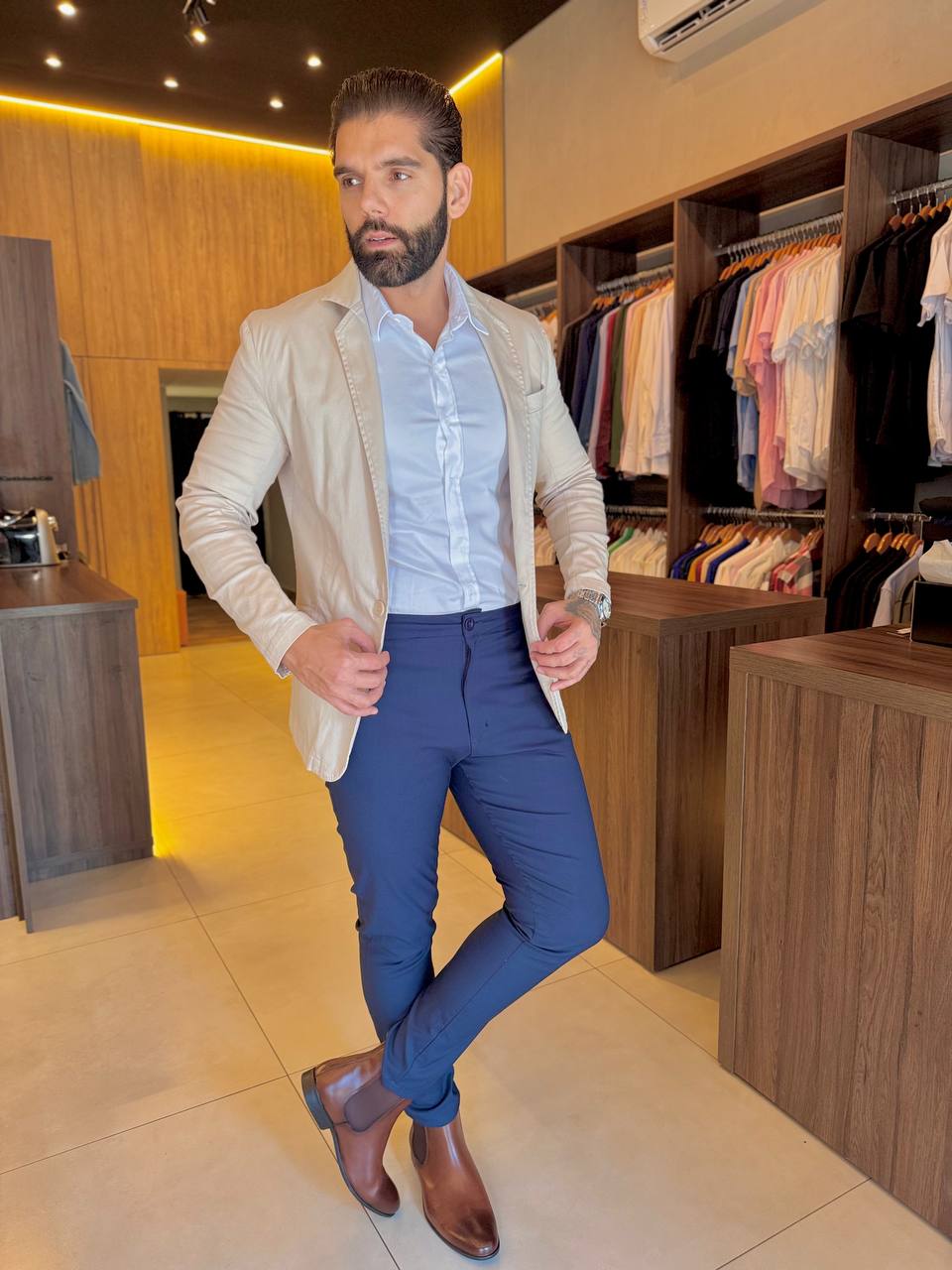 Garbin Group Store - Blazer Sarja Acetinado Bolso Embutido Zip-Off Areia